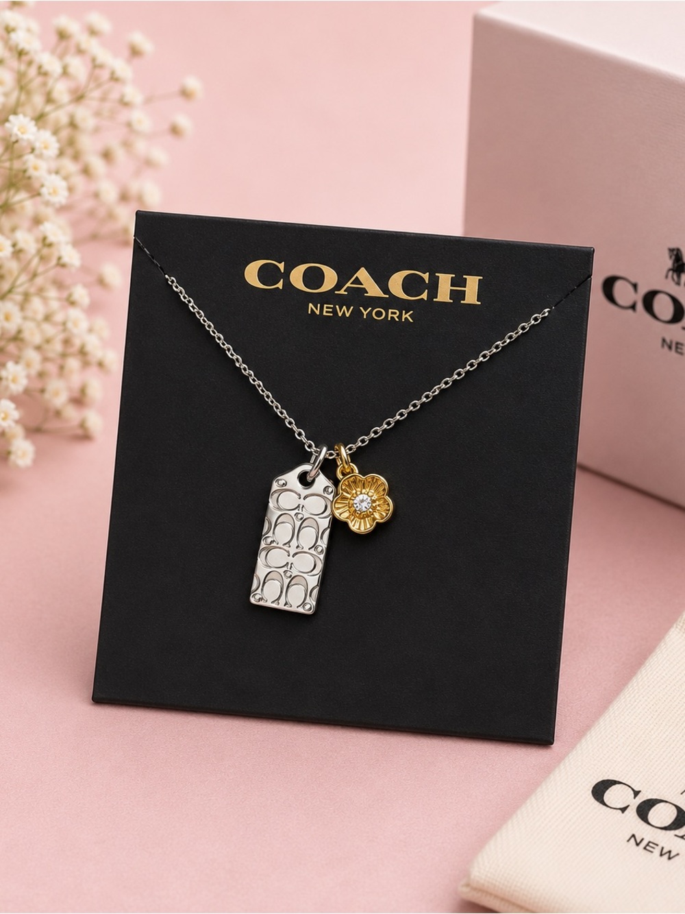 COACH Two-Tone Signature Tag & Flower Charm Necklace (Silver & Gold)